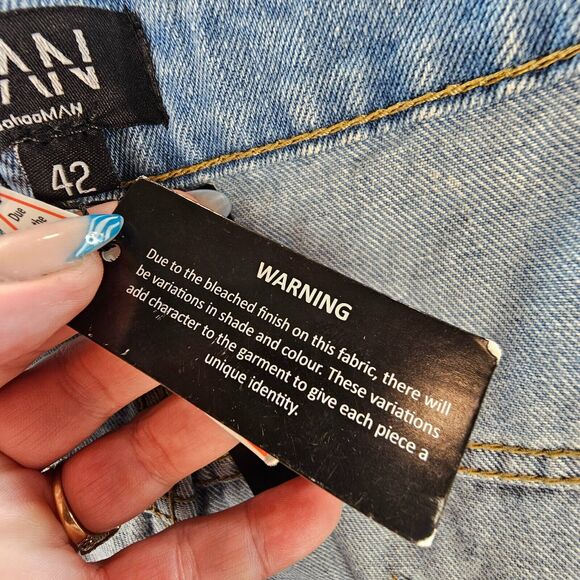 NWT Boohoo Man Mens 42 Ice Blue Denim Jean Plus Skinny Rigid Stacked Print Cargo - Picture 11 of 16